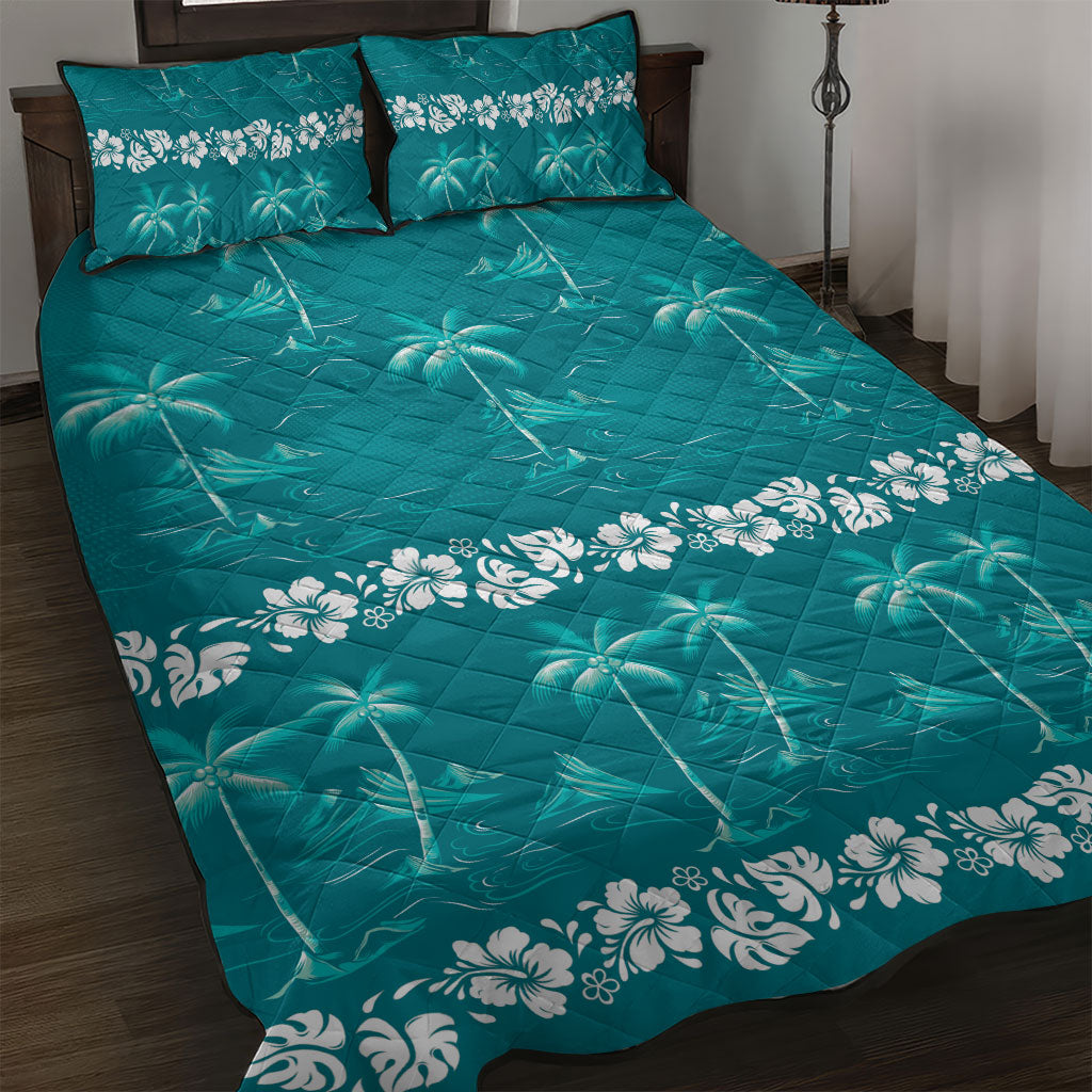 Cyan Hawaii Palm Tree Hibiscus Quilt Bed Set Fantasy Summer Vibe LT01 Cyan - Polynesian Pride