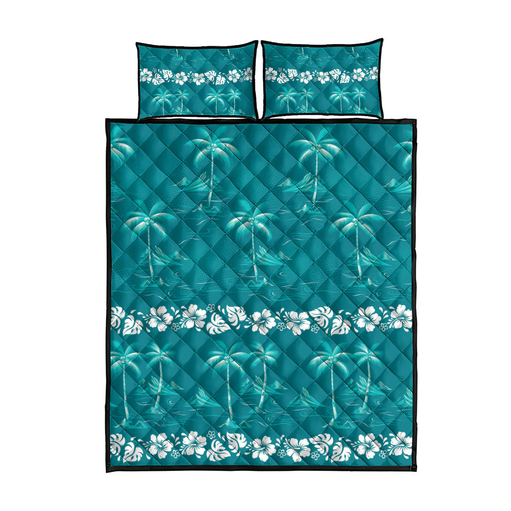 Cyan Hawaii Palm Tree Hibiscus Quilt Bed Set Fantasy Summer Vibe LT01 - Polynesian Pride