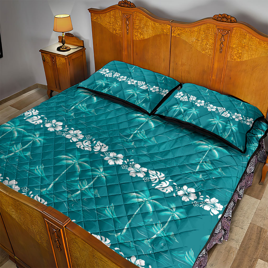 Cyan Hawaii Palm Tree Hibiscus Quilt Bed Set Fantasy Summer Vibe LT01 - Polynesian Pride
