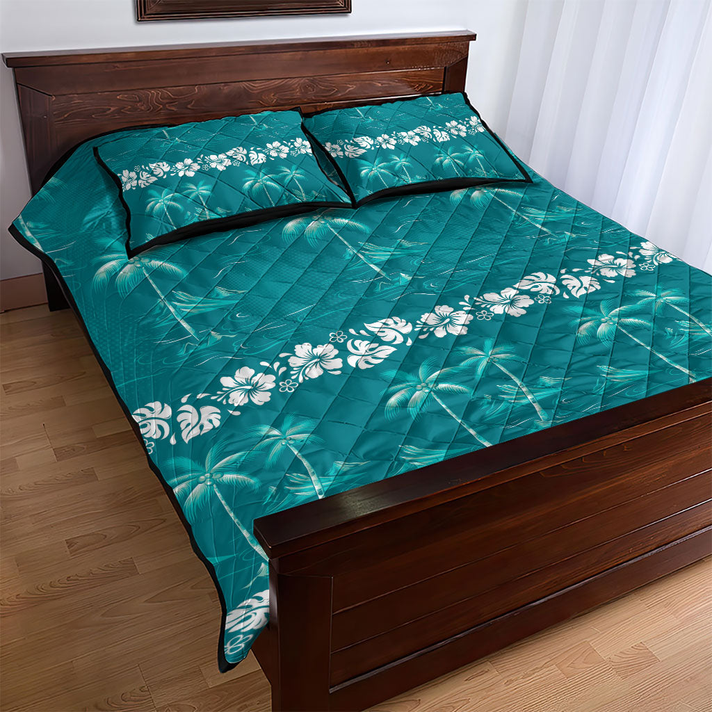 Cyan Hawaii Palm Tree Hibiscus Quilt Bed Set Fantasy Summer Vibe LT01 - Polynesian Pride