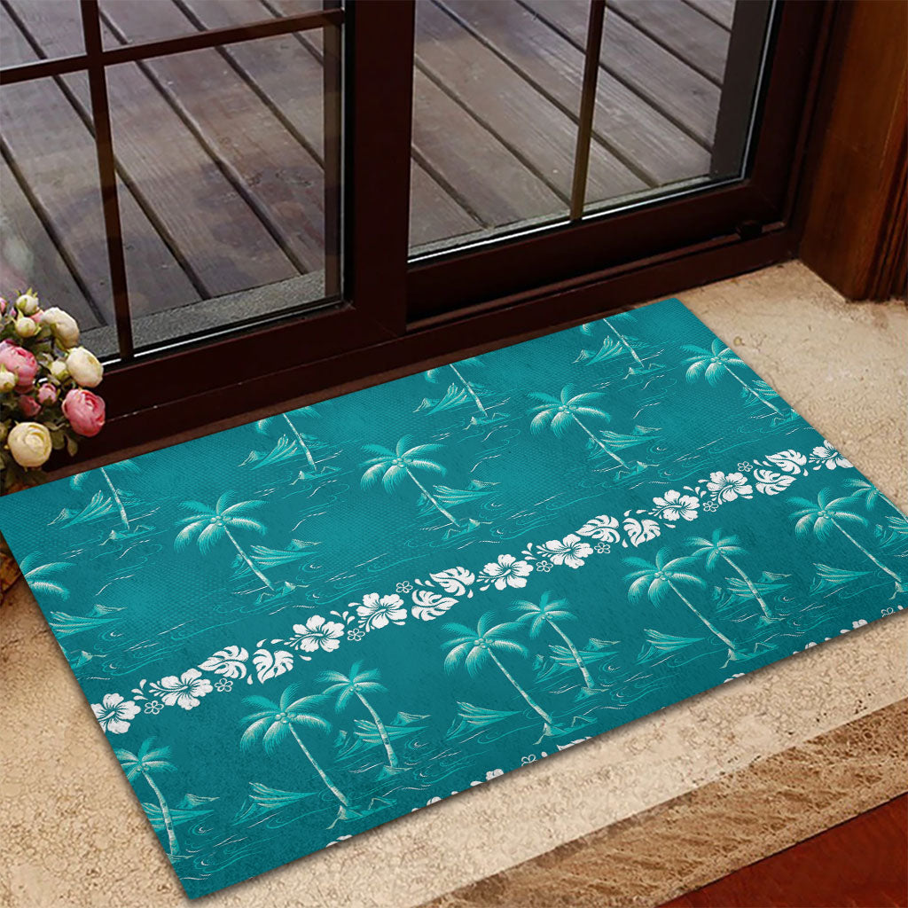 Cyan Hawaii Palm Tree Hibiscus Rubber Doormat Fantasy Summer Vibe LT01 - Polynesian Pride