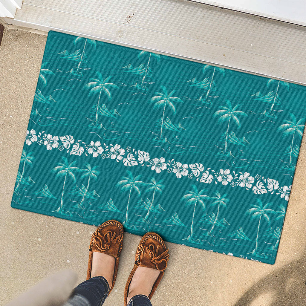 Cyan Hawaii Palm Tree Hibiscus Rubber Doormat Fantasy Summer Vibe LT01 - Polynesian Pride