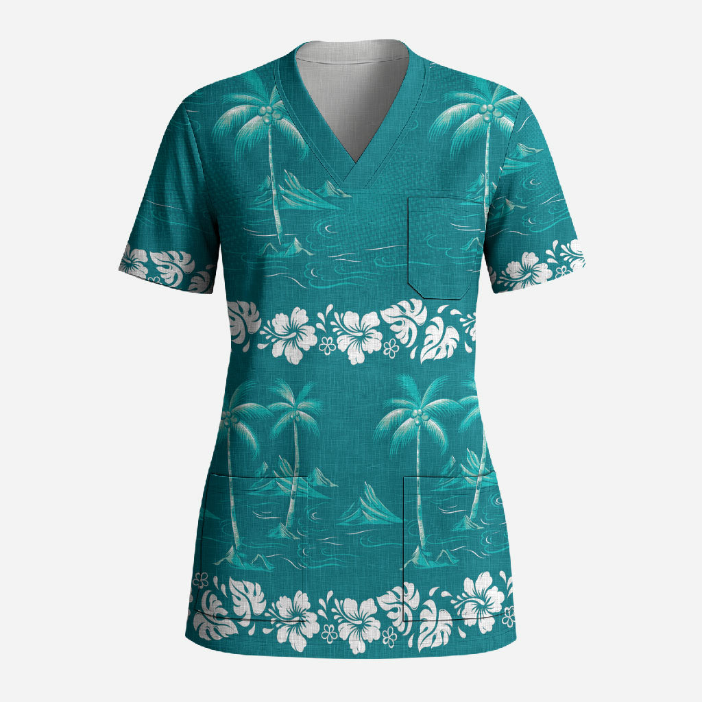 Cyan Hawaii Palm Tree Hibiscus Scrub Top Fantasy Summer Vibe LT01 Adult Cyan - Polynesian Pride