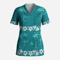 Cyan Hawaii Palm Tree Hibiscus Scrub Top Fantasy Summer Vibe LT01 Adult Cyan - Polynesian Pride