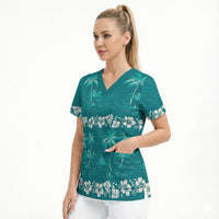 Cyan Hawaii Palm Tree Hibiscus Scrub Top Fantasy Summer Vibe LT01 - Polynesian Pride