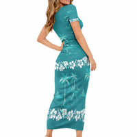 Cyan Hawaii Palm Tree Hibiscus Short Sleeve Bodycon Dress Fantasy Summer Vibe LT01 - Polynesian Pride
