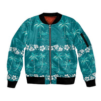 Cyan Hawaii Palm Tree Hibiscus Sleeve Zip Bomber Jacket Fantasy Summer Vibe LT01 Unisex Cyan - Polynesian Pride