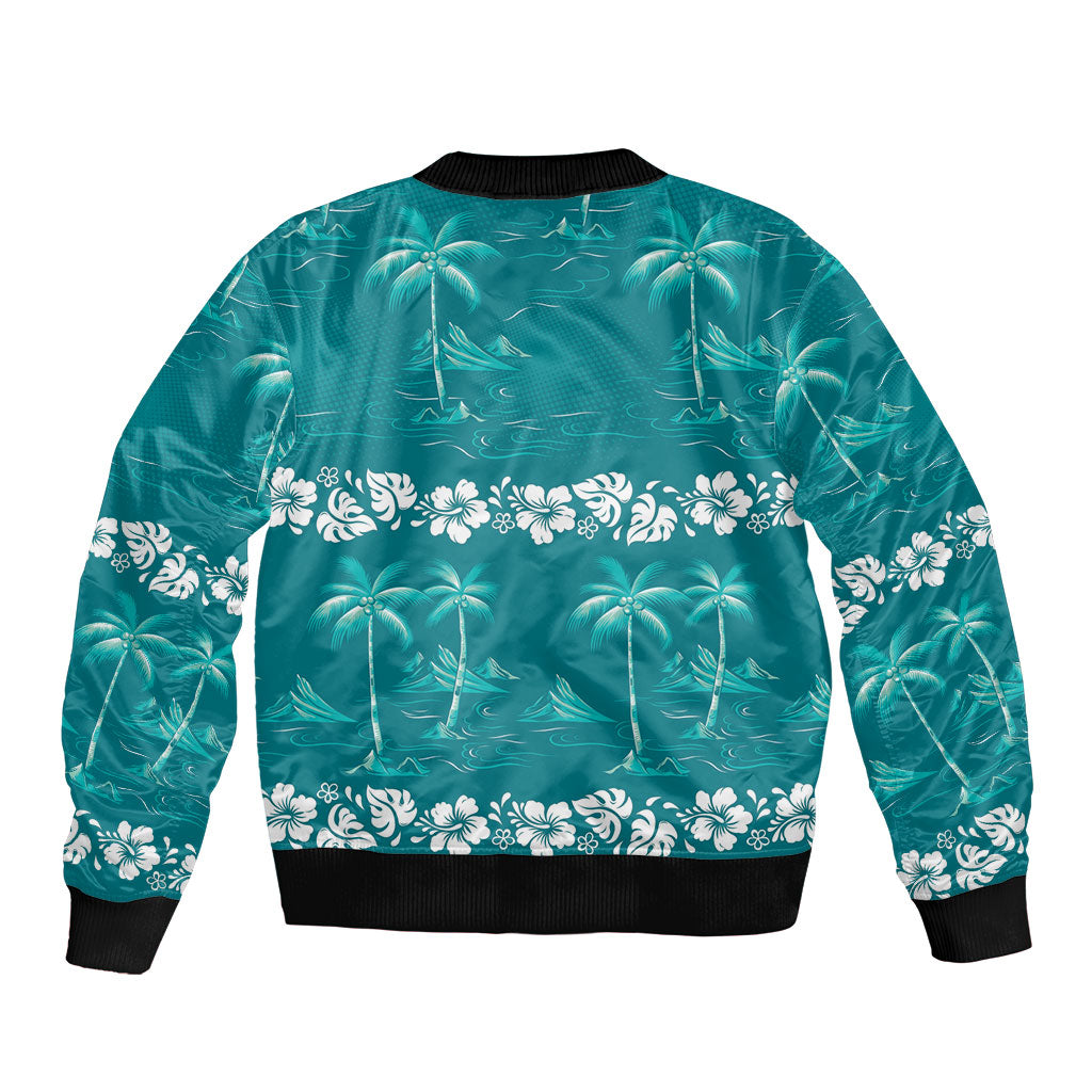 Cyan Hawaii Palm Tree Hibiscus Sleeve Zip Bomber Jacket Fantasy Summer Vibe LT01 - Polynesian Pride