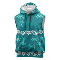 Cyan Hawaii Palm Tree Hibiscus Sleeveless Hoodie Fantasy Summer Vibe LT01 Cyan - Polynesian Pride