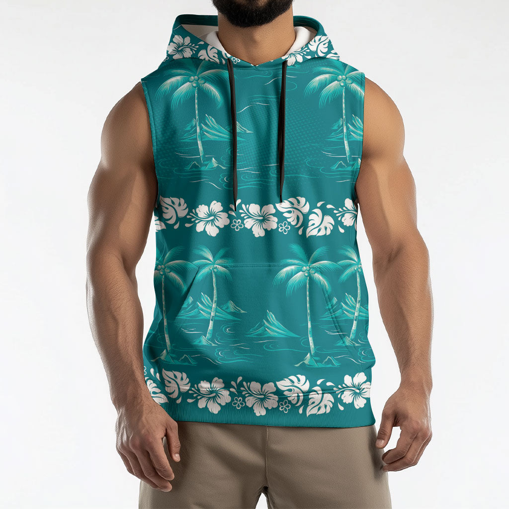 Cyan Hawaii Palm Tree Hibiscus Sleeveless Hoodie Fantasy Summer Vibe LT01 - Polynesian Pride