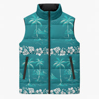 Cyan Hawaii Palm Tree Hibiscus Sleeveless Puffer Jacket Fantasy Summer Vibe LT01 Unisex Cyan - Polynesian Pride