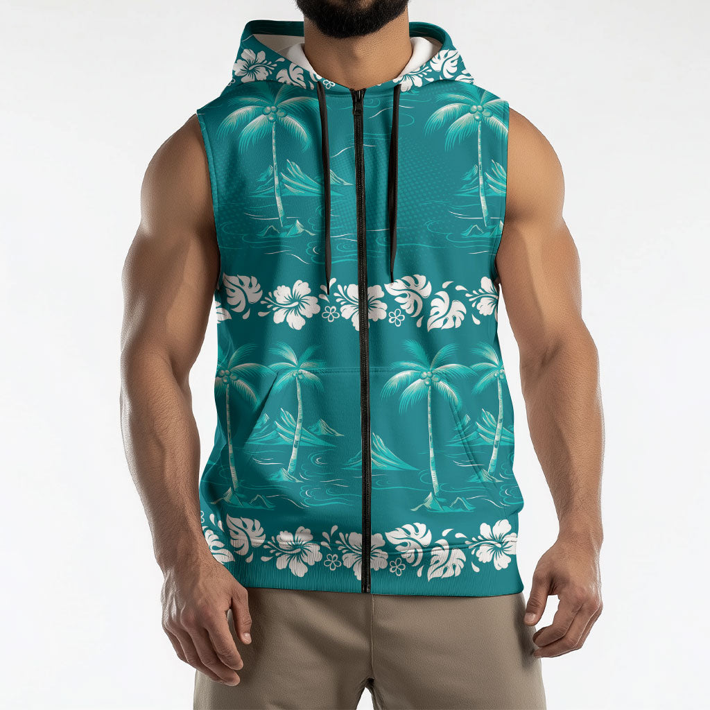 Cyan Hawaii Palm Tree Hibiscus Sleeveless Zip Hoodie Fantasy Summer Vibe LT01 - Polynesian Pride
