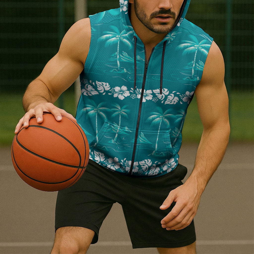 Cyan Hawaii Palm Tree Hibiscus Sleeveless Zip Hoodie Fantasy Summer Vibe LT01 - Polynesian Pride