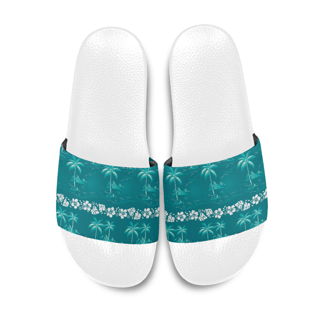Cyan Hawaii Palm Tree Hibiscus Slide Sandals Fantasy Summer Vibe LT01 Cyan - Polynesian Pride