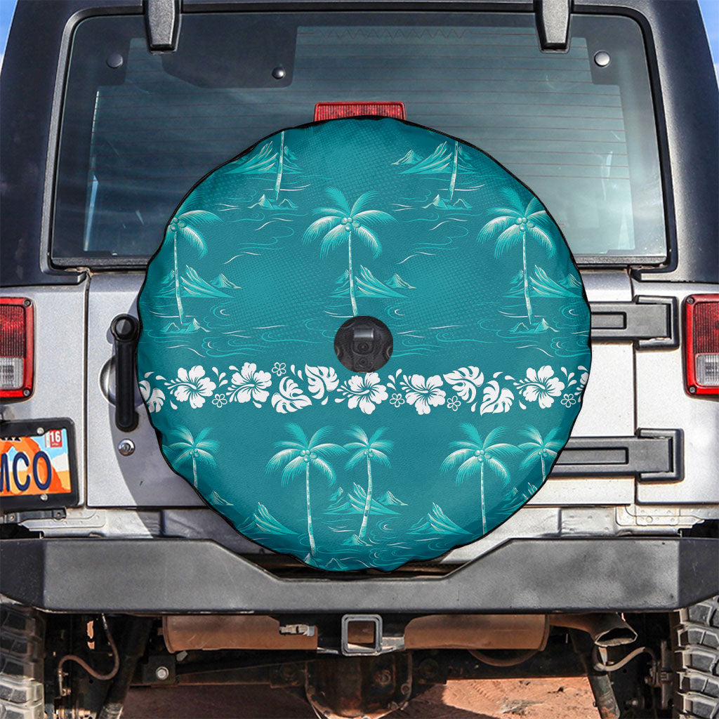 Cyan Hawaii Palm Tree Hibiscus Spare Tire Cover Fantasy Summer Vibe LT01 Cyan - Polynesian Pride
