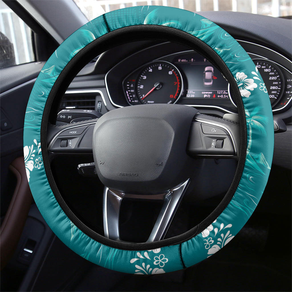 Cyan Hawaii Palm Tree Hibiscus Steering Wheel Cover Fantasy Summer Vibe LT01 - Polynesian Pride