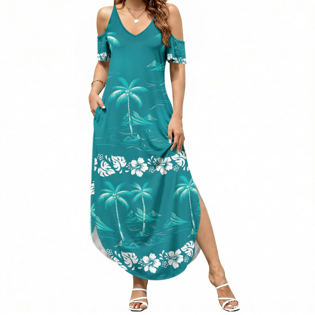 Cyan Hawaii Palm Tree Hibiscus Summer Maxi Dress Fantasy Summer Vibe