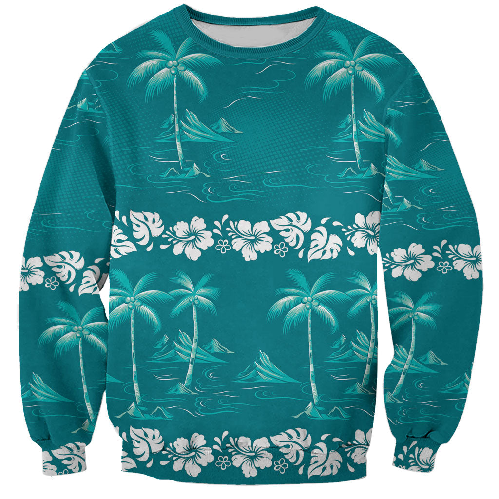 Cyan Hawaii Palm Tree Hibiscus Sweatshirt Fantasy Summer Vibe LT01 Unisex Cyan - Polynesian Pride