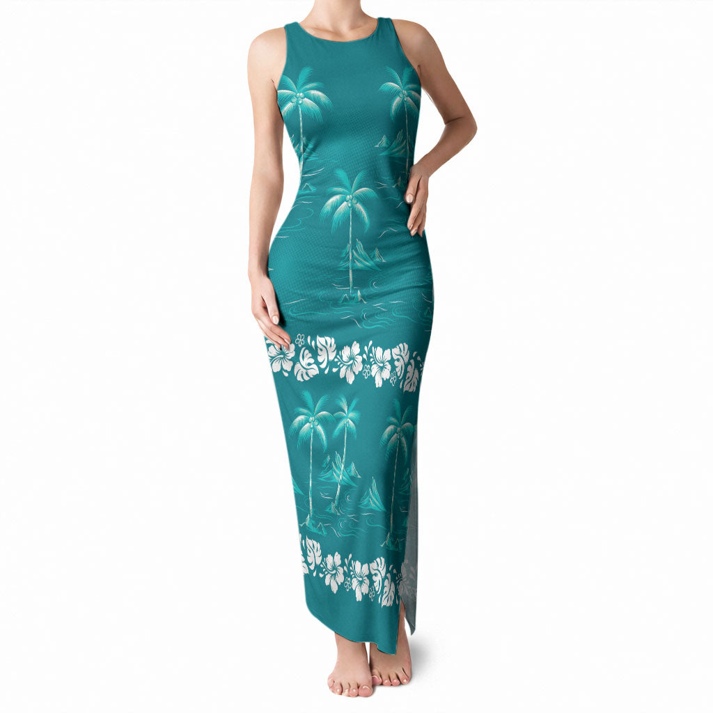 Cyan Hawaii Palm Tree Hibiscus Tank Maxi Dress Fantasy Summer Vibe LT01 Women Cyan - Polynesian Pride
