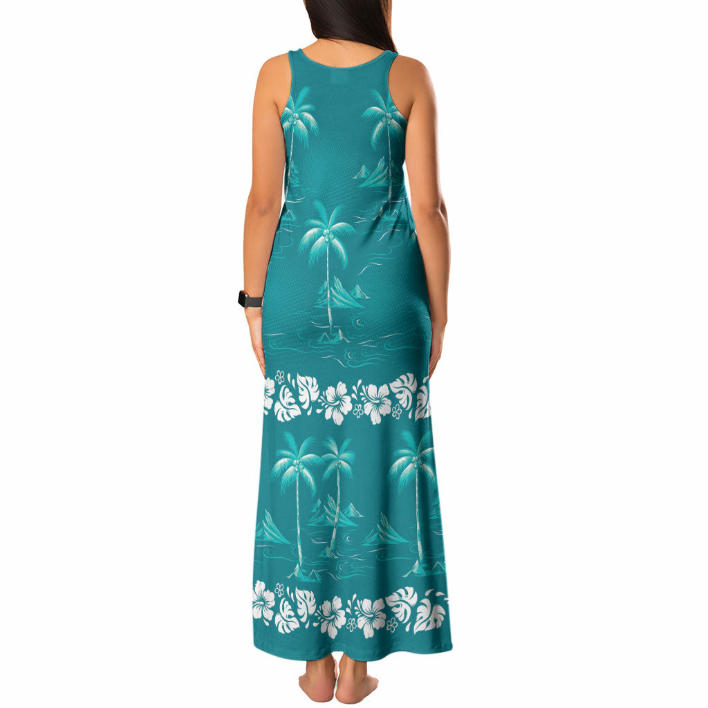 Cyan Hawaii Palm Tree Hibiscus Tank Maxi Dress Fantasy Summer Vibe LT01 - Polynesian Pride