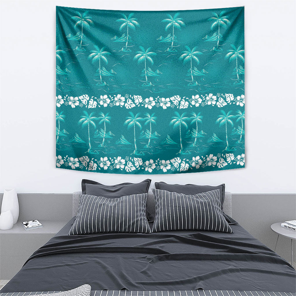 Cyan Hawaii Palm Tree Hibiscus Tapestry Fantasy Summer Vibe LT01 - Polynesian Pride