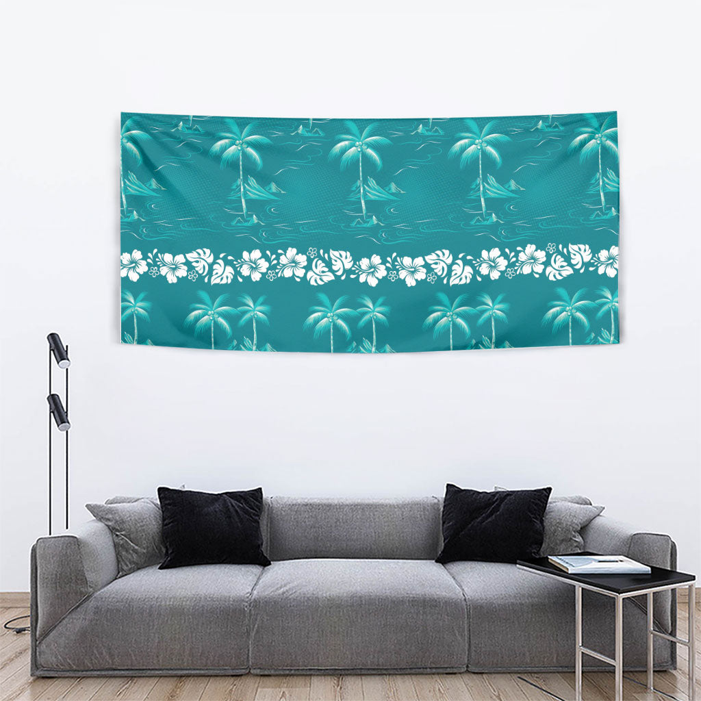 Cyan Hawaii Palm Tree Hibiscus Tapestry Fantasy Summer Vibe LT01 - Polynesian Pride