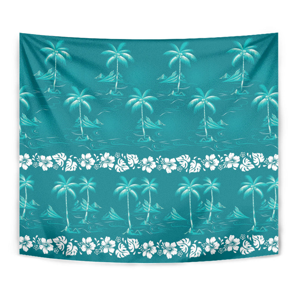 Cyan Hawaii Palm Tree Hibiscus Tapestry Fantasy Summer Vibe LT01 - Polynesian Pride