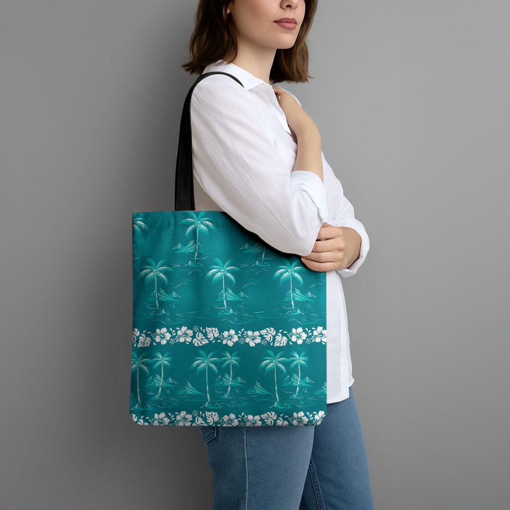 Cyan Hawaii Palm Tree Hibiscus Tote Bag Fantasy Summer Vibe LT01 - Polynesian Pride