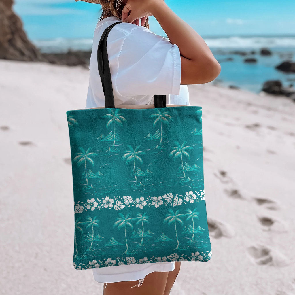 Cyan Hawaii Palm Tree Hibiscus Tote Bag Fantasy Summer Vibe LT01 - Polynesian Pride