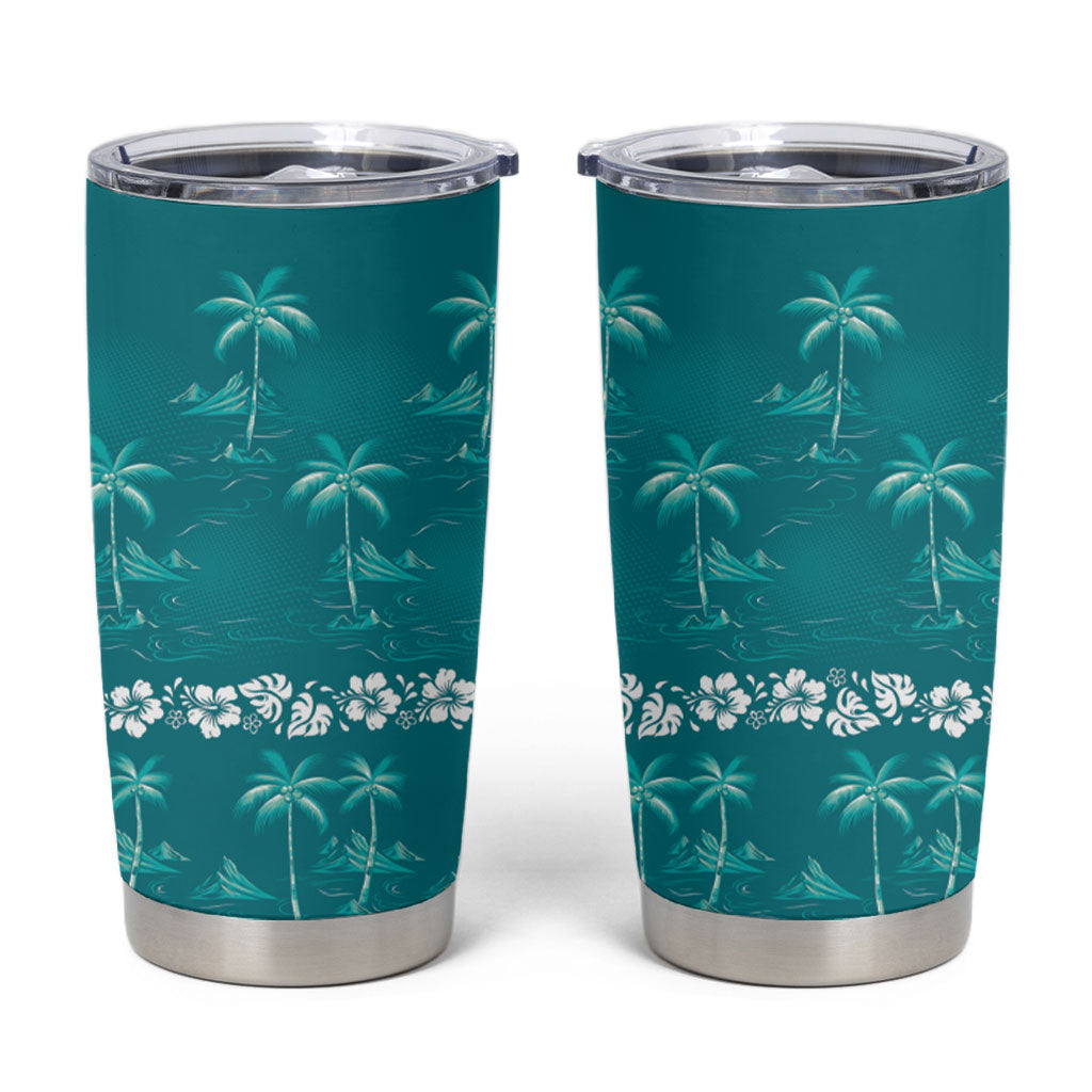 Cyan Hawaii Palm Tree Hibiscus Tumbler Cup Fantasy Summer Vibe LT01 Cyan - Polynesian Pride
