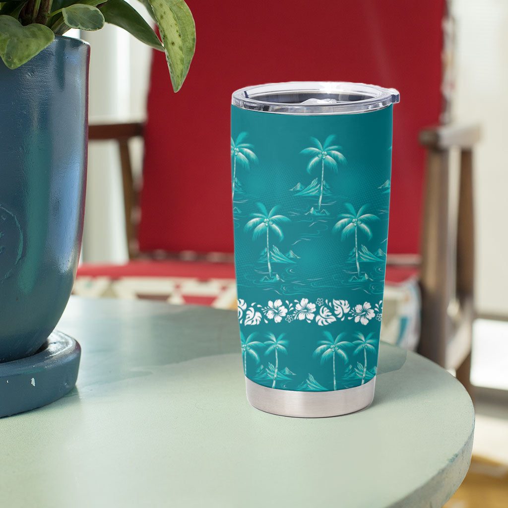 Cyan Hawaii Palm Tree Hibiscus Tumbler Cup Fantasy Summer Vibe LT01 - Polynesian Pride