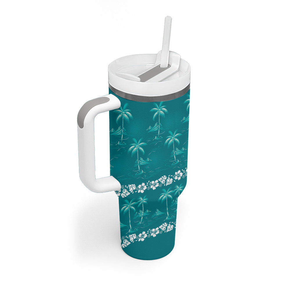 Cyan Hawaii Palm Tree Hibiscus Tumbler With Handle Fantasy Summer Vibe LT01 - Polynesian Pride