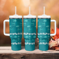 Cyan Hawaii Palm Tree Hibiscus Tumbler With Handle Fantasy Summer Vibe LT01 - Polynesian Pride