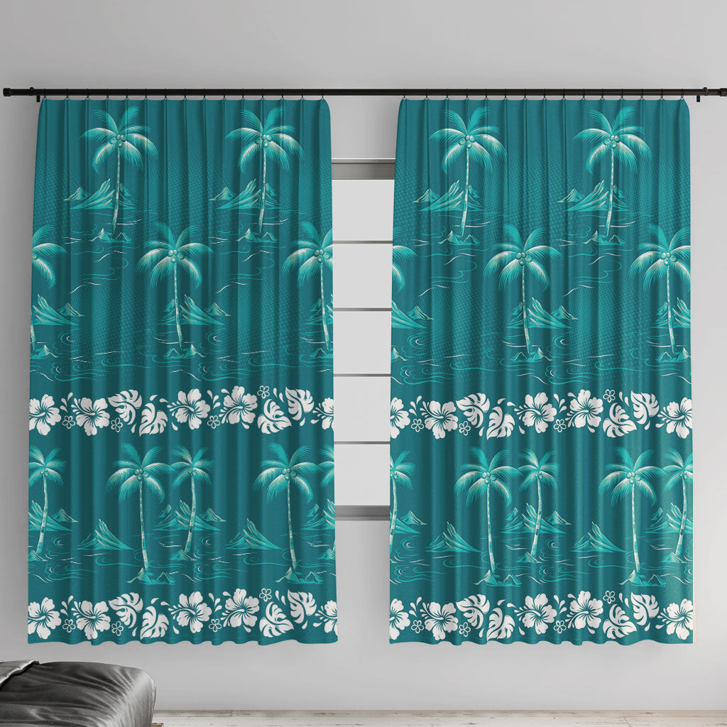 Cyan Hawaii Palm Tree Hibiscus Window Curtain Fantasy Summer Vibe LT01 With Hooks Cyan - Polynesian Pride
