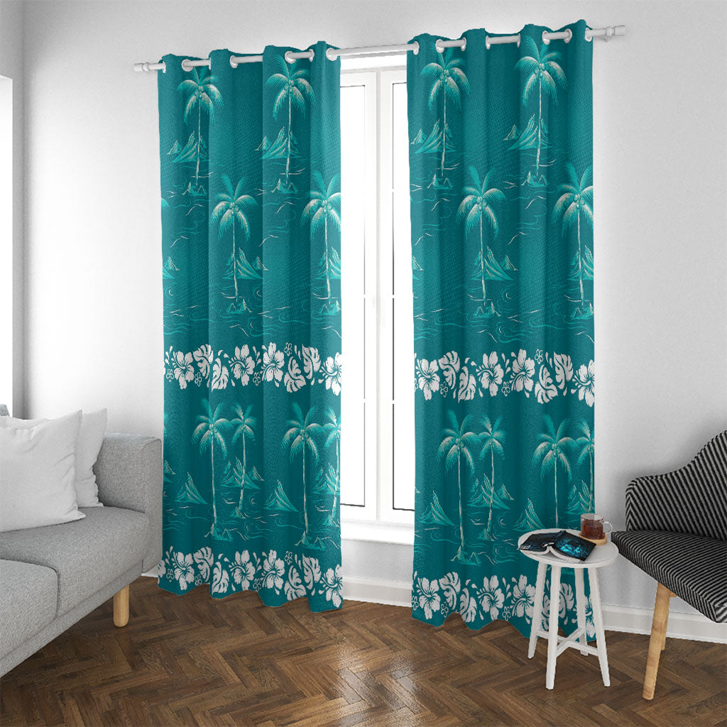 Cyan Hawaii Palm Tree Hibiscus Window Curtain Fantasy Summer Vibe LT01 With Grommets Cyan - Polynesian Pride