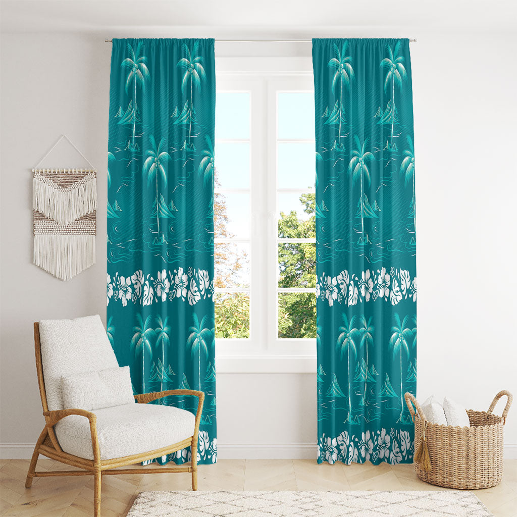 Cyan Hawaii Palm Tree Hibiscus Window Curtain Fantasy Summer Vibe LT01 - Polynesian Pride