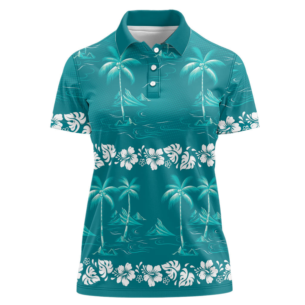 Cyan Hawaii Palm Tree Hibiscus Women Polo Shirt Fantasy Summer Vibe LT01 Female Cyan - Polynesian Pride