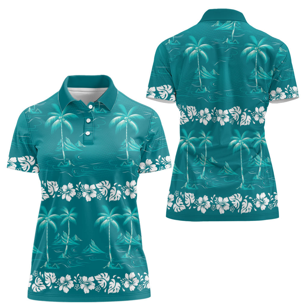 Cyan Hawaii Palm Tree Hibiscus Women Polo Shirt Fantasy Summer Vibe LT01 - Polynesian Pride