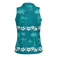 Cyan Hawaii Palm Tree Hibiscus Women Sleeveless Polo Shirt Fantasy Summer Vibe LT01 - Polynesian Pride