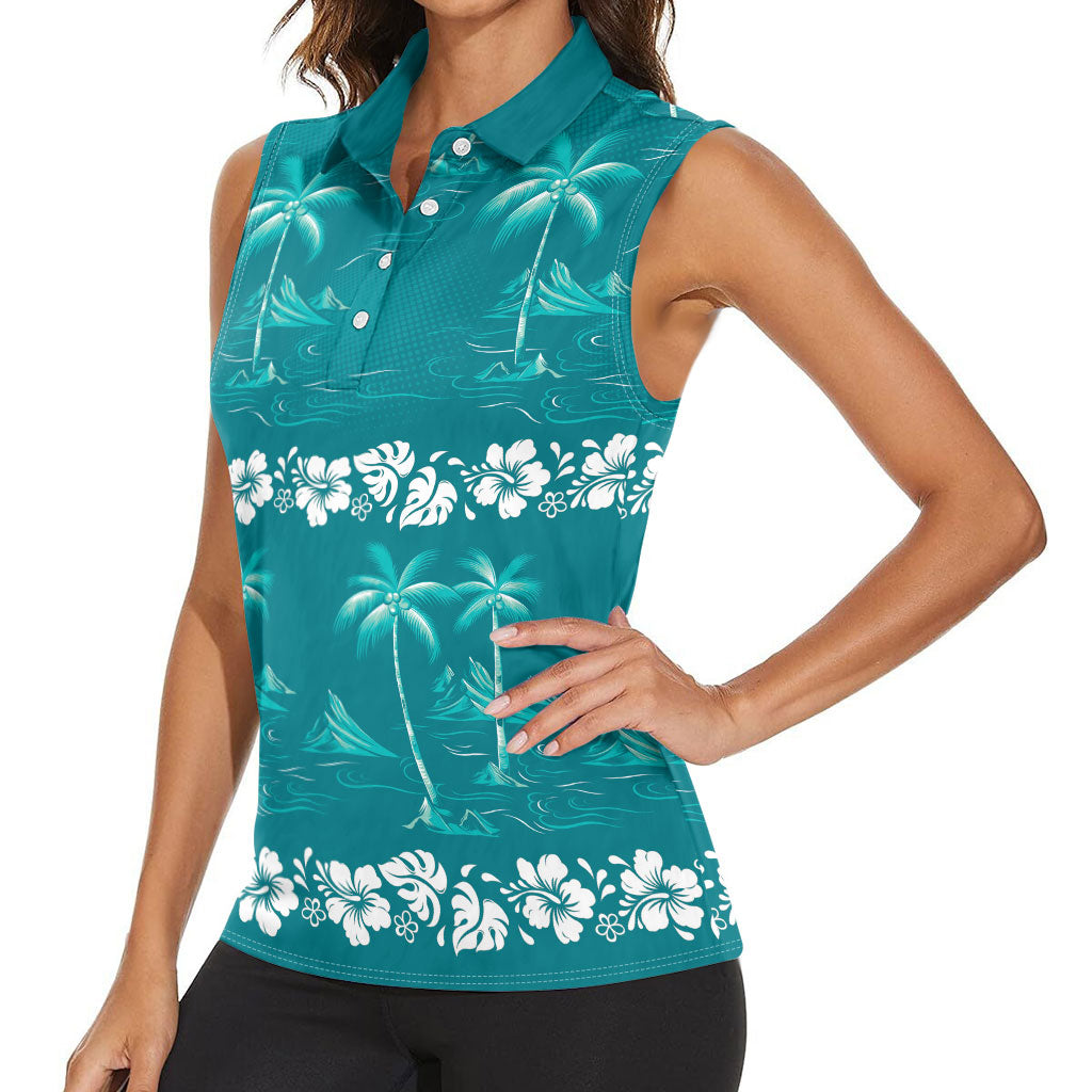 Cyan Hawaii Palm Tree Hibiscus Women Sleeveless Polo Shirt Fantasy Summer Vibe LT01 - Polynesian Pride