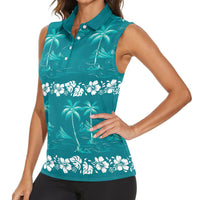 Cyan Hawaii Palm Tree Hibiscus Women Sleeveless Polo Shirt Fantasy Summer Vibe LT01 - Polynesian Pride