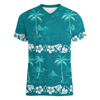 Cyan Hawaii Palm Tree Hibiscus Women V-Neck T-Shirt Fantasy Summer Vibe LT01 Female Cyan - Polynesian Pride