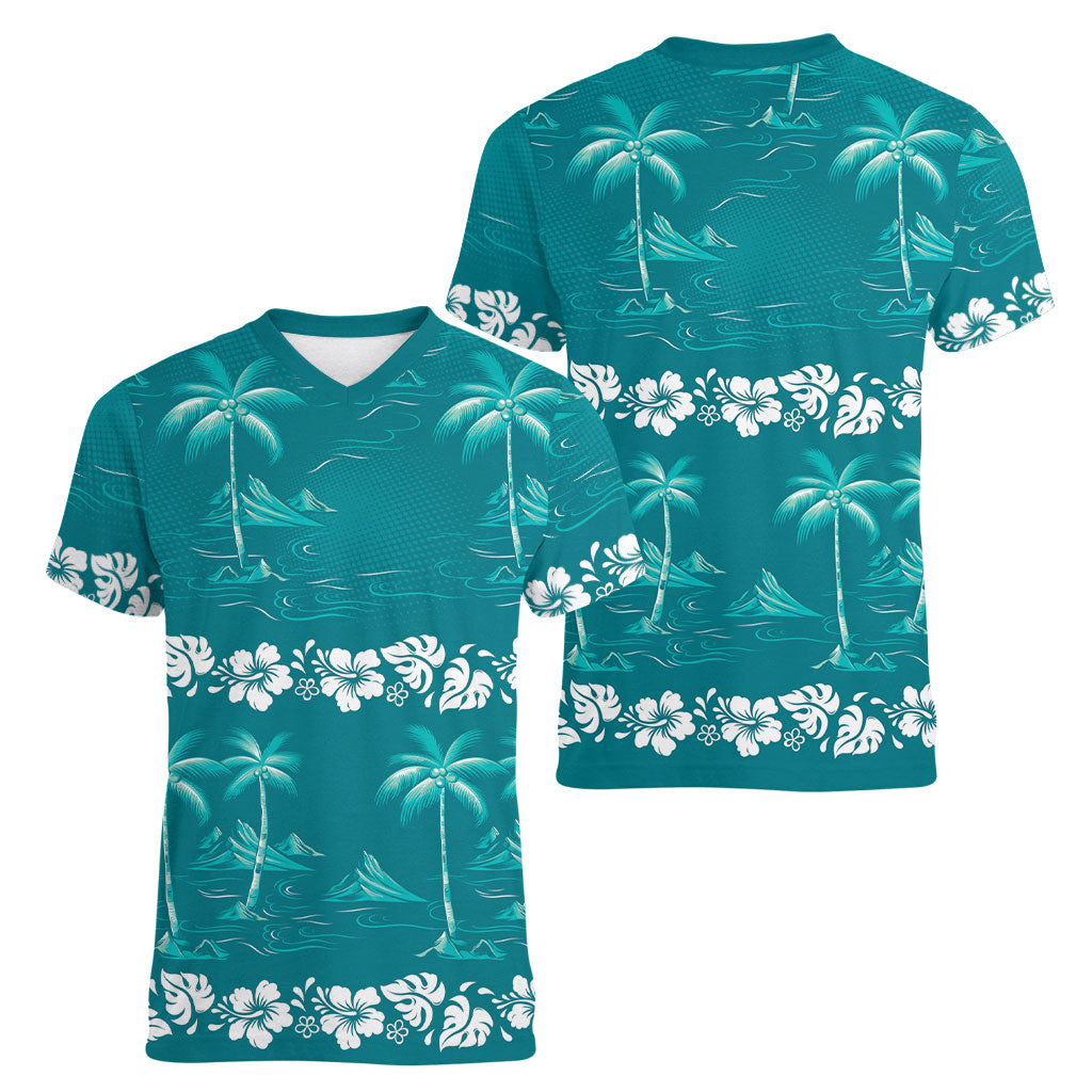 Cyan Hawaii Palm Tree Hibiscus Women V-Neck T-Shirt Fantasy Summer Vibe LT01 - Polynesian Pride