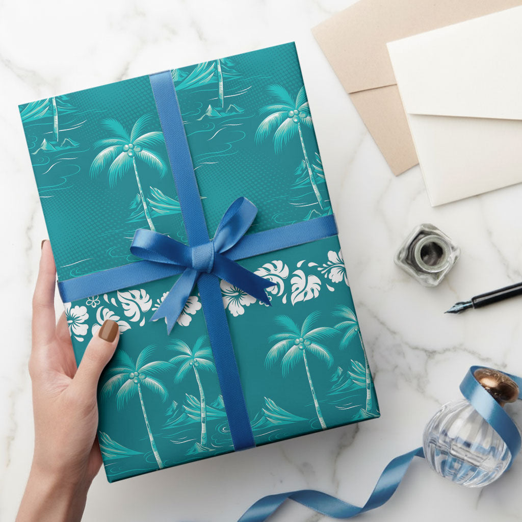 Cyan Hawaii Palm Tree Hibiscus Wrapping Paper Fantasy Summer Vibe LT01 - Polynesian Pride