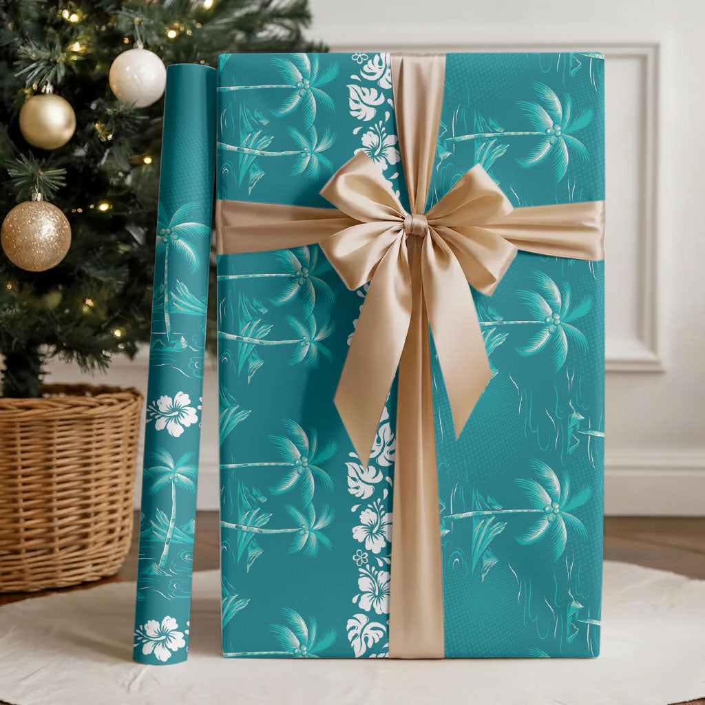 Cyan Hawaii Palm Tree Hibiscus Wrapping Paper Fantasy Summer Vibe LT01 - Polynesian Pride