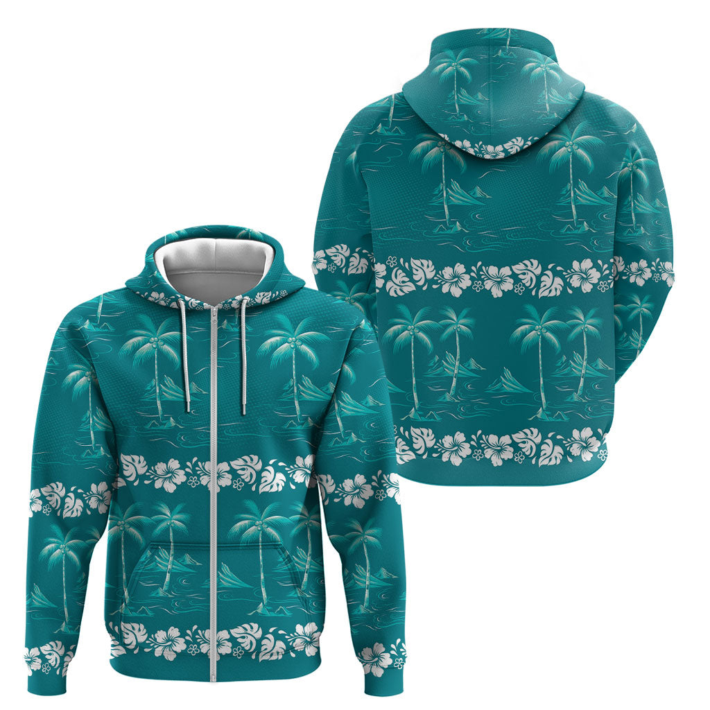 Cyan Hawaii Palm Tree Hibiscus Zip Hoodie Fantasy Summer Vibe LT01 - Polynesian Pride