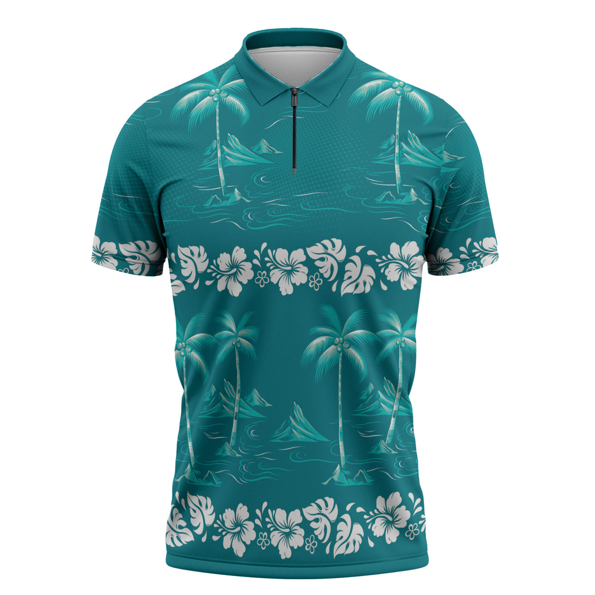 Cyan Hawaii Palm Tree Hibiscus Zipper Polo Shirt Fantasy Summer Vibe LT01 Cyan - Polynesian Pride