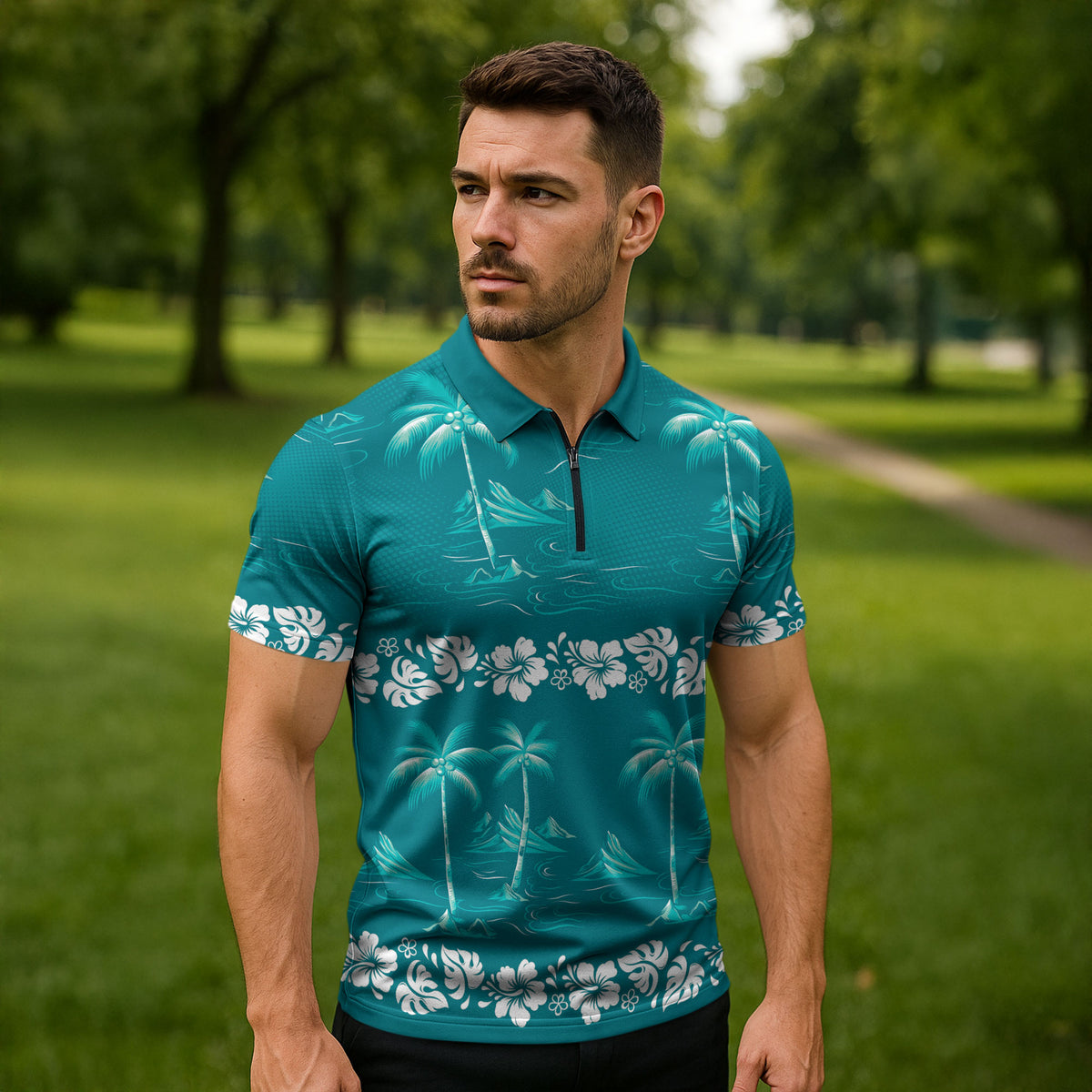 Cyan Hawaii Palm Tree Hibiscus Zipper Polo Shirt Fantasy Summer Vibe LT01 - Polynesian Pride
