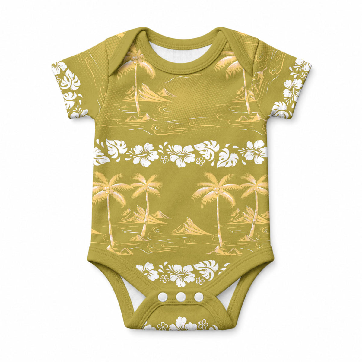 Yellow Hawaii Palm Tree Hibiscus Baby Onesie Fantasy Summer Vibe