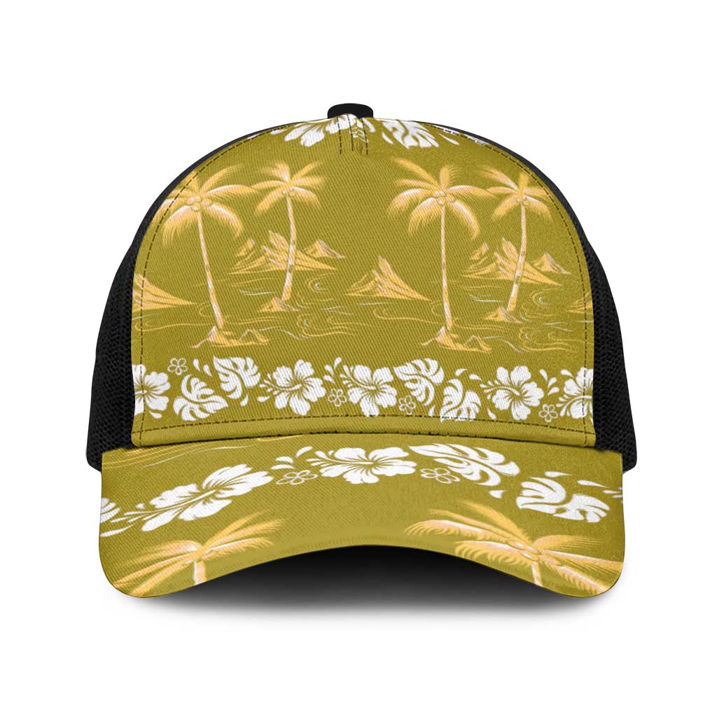 Yellow Hawaii Palm Tree Hibiscus Baseball Net Cap Fantasy Summer Vibe LT01 One Size Black Yellow - Polynesian Pride